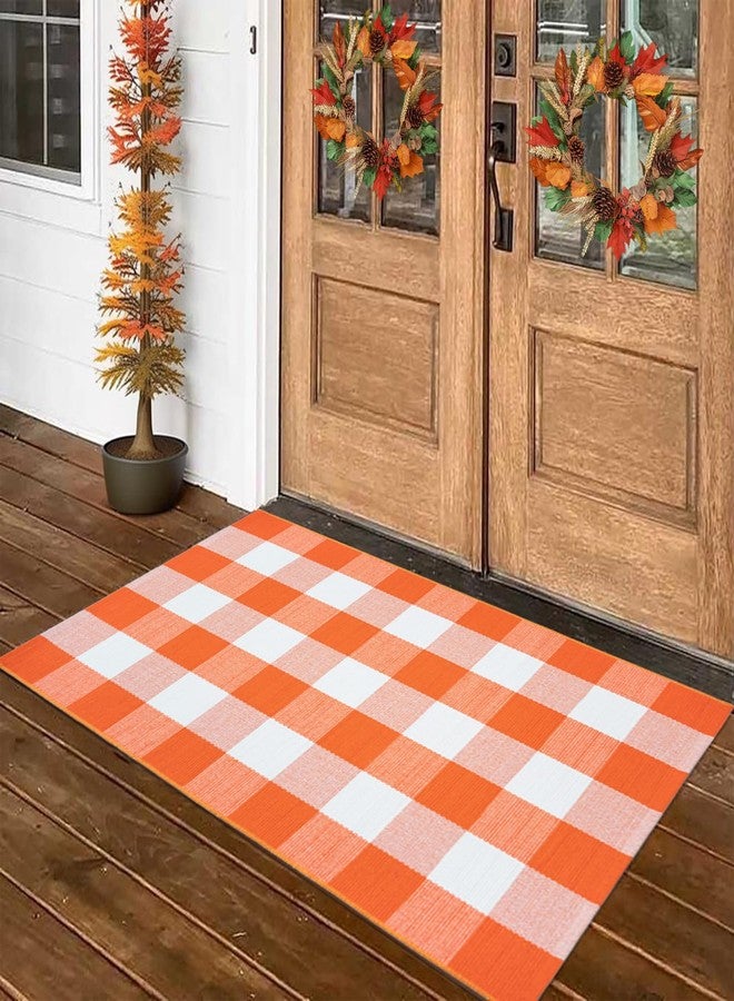 Fallovea Fall Orange and White Plaid Rugs, 28''x43'' Area Rug Outdoor Indoor Front Porch Doormat Cotton Hand-Woven Layered Door Mats for Entryway Patio Laundry Bedroom Living Room - Image 2